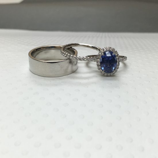 sapphire halo engagement ring and wedding rings