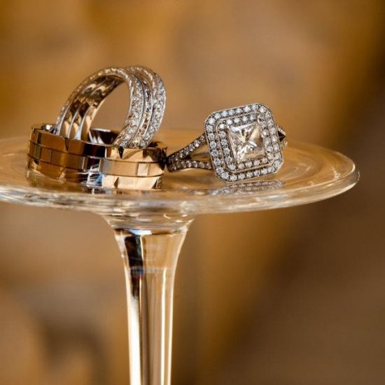 Square diamond ring with halo and diamond wedding bands
